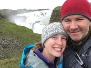 Amanda and Gabe in front of Gulfoss Waterfall in Iceland in 2017.