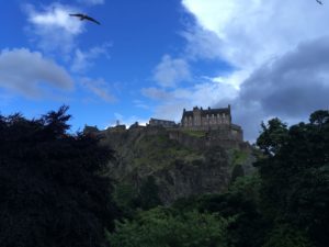 Edinburgh Castle from below and a bird flying in the top left corner of the photo.