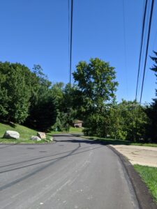 Looking down my street, it's blacktop road, trees, one house in the distance.