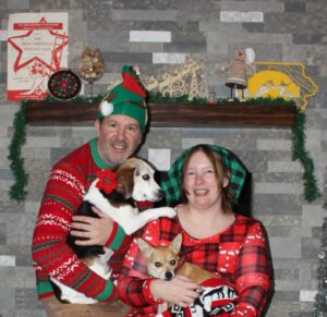 Christmas photo - Gabe and I are smiling, Edie is trying to grab my shoulder, Arthur is looking at something and not wanting to be involved in this fiasco.