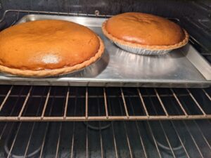 Pumpkin pies in the oven.