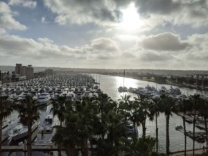 Late in the day looking off the hotel balcony into the marina. There are lots of boats tied to the piers and the sun is reflecting off of the water, some light fluffy clouds. Closer in palm trees along the edge of the marina.