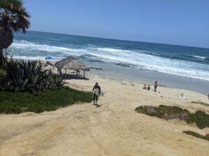 A famous beach shelter on the Pacific Ocean. It's just a thatched roof on poles though. The ocean waves are coming in against the sandy shore, people ar on the beach.