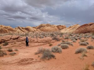 Amanda lost in a desert. Or something. I'm in the distance, I think this was Valley of Fire or Red Rocks.