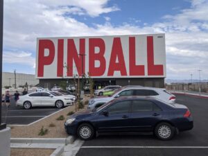 The Pinball Museum. It's a giant billboard that says 'PINBALL'. This is from the parking lot.