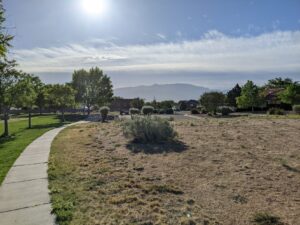 The Sandia Mountains in the distance from a park. There are some clouds over the mountains, otherwise it's a blue sky.