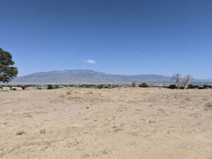 The Sandia Mountains in the east, taken from an abandoned golf course in Rio Rancho, New Mexico. Blue sky, desert in the foreground.