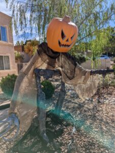 Paper mache pumpkin man. Made of wood, so the legs and arms are spindly, and black paper mache to cover the wood. The head is a big orange pumpkin. Our house is in the background. The sky is blue. There is a willow tree behind him as well that is partially in the shot.