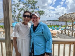 Lucy and I in Tampa, Florida. This was our last picture together. We are standing on a deck in front of a bay, water behind us. It was a beautiful day.