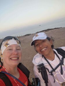 Lucy and I on the beach during the 50 mile walk. WE look a little punchy!